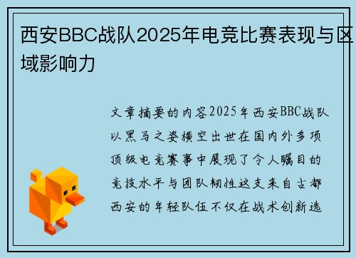 西安BBC战队2025年电竞比赛表现与区域影响力