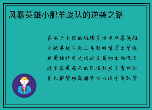 风暴英雄小肥羊战队的逆袭之路